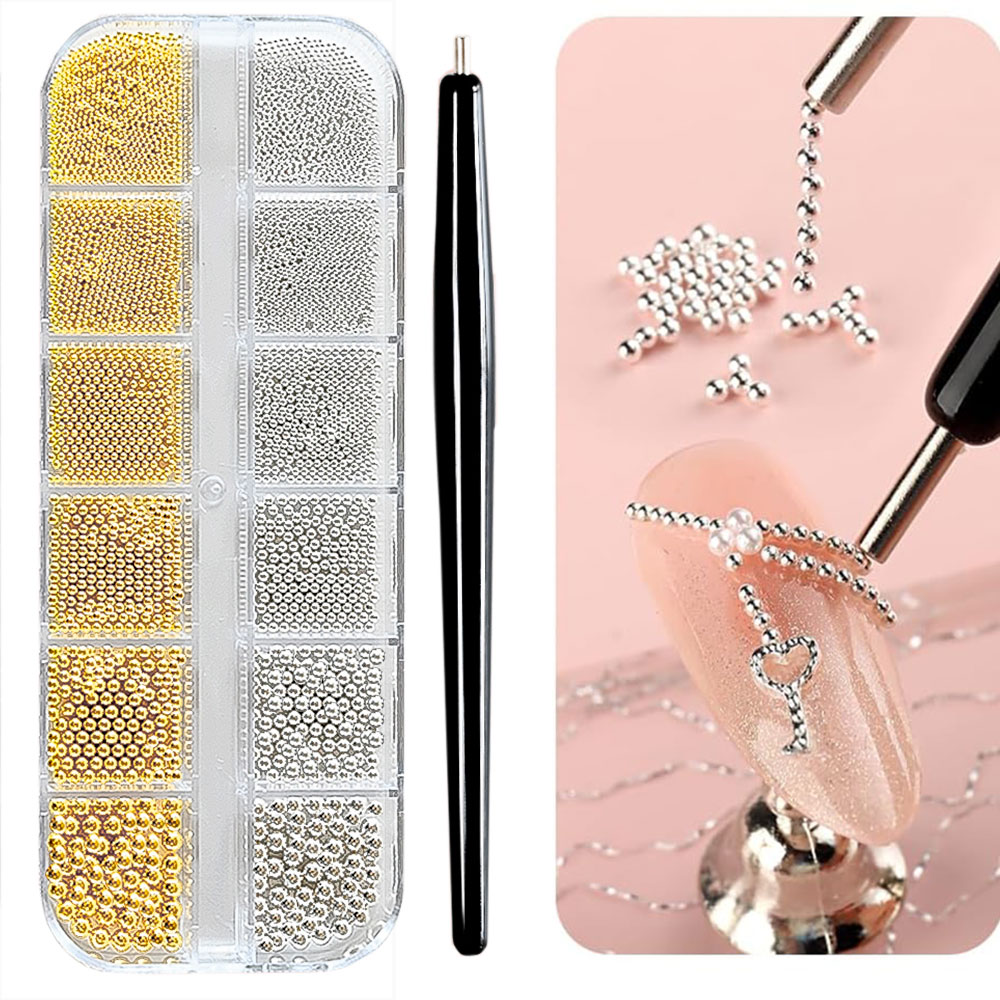 Nail Art Valentines Day - 12Grid emas/perak Mini Caviar Beads seni