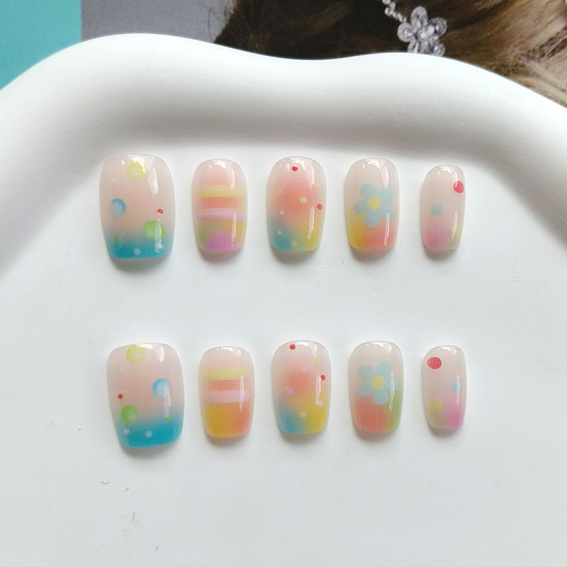 Nail Art Ombre - 10Pcs Kuku Palsu Warna-warni Pelangi Manis